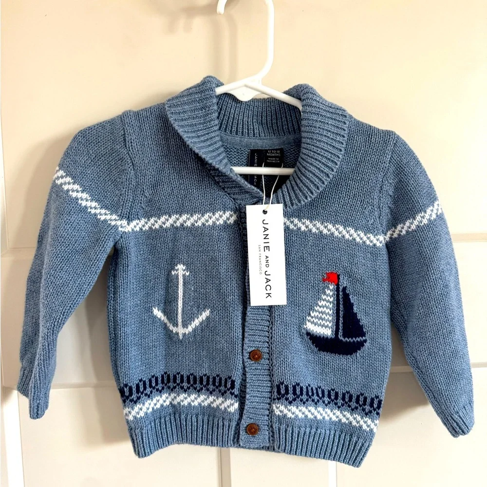 Blue Nautical Baby Cardigan Janie & jack kids 12-18 months NWT sailboat anchor - Picture 1 of 3